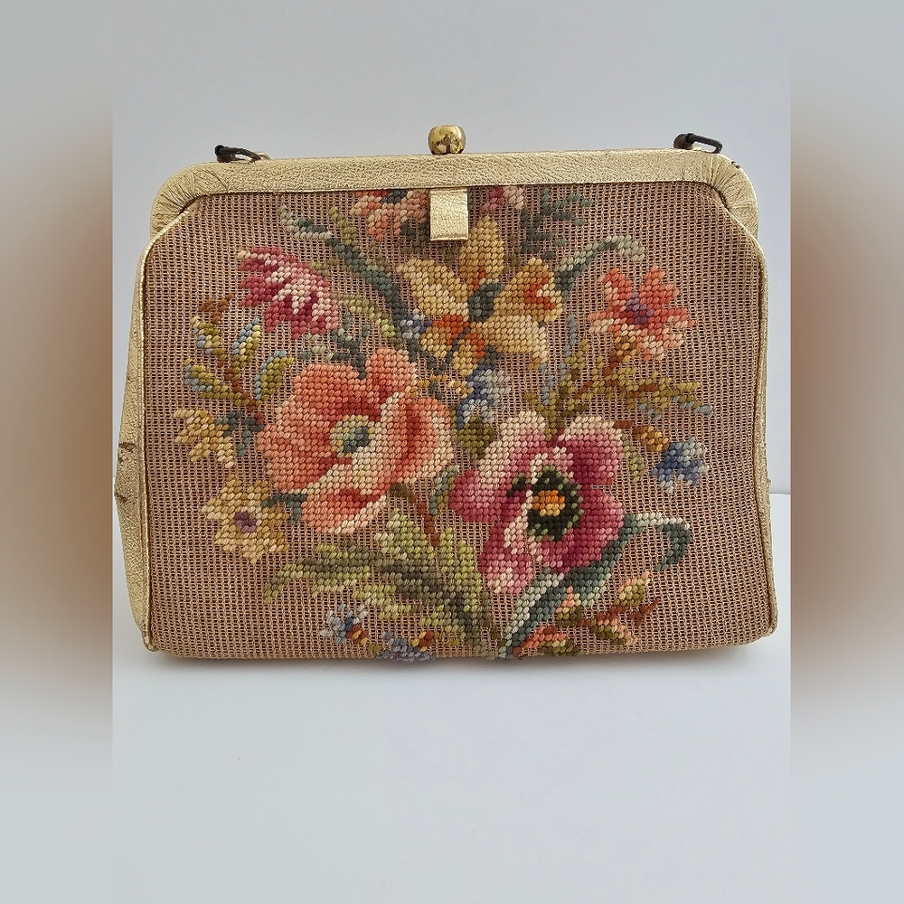 Vintage Souré Bag NY Tapestry Handbag - 1950s Floral Needlepoint & Gold Shimmer